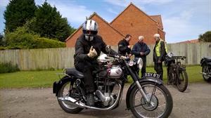 Derek arrives at lunch on his 1956 Norton ES2.